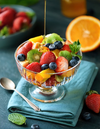 A bright mix of fresh seasonal fruits drizzled with sweetness for a delightful summer treat.の素材