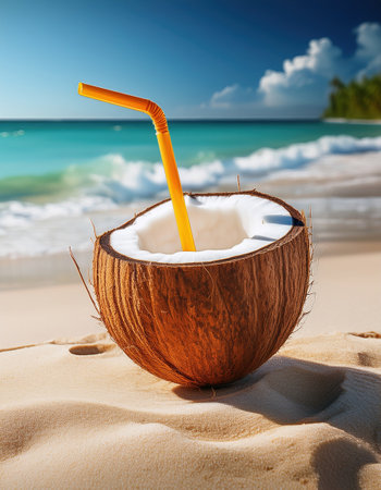 Coconut filled with fresh water sits on golden sand, inviting beachgoers to relax under the sun.の素材