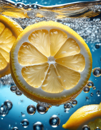 Lemon slices create a vibrant splash as they dance in sparkling water on a warm summer afternoon.の素材