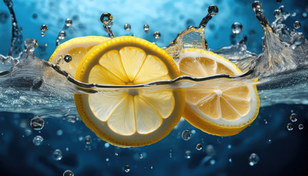Lemon slices burst into bright water droplets, evoking the essence of summers fruity refreshment.の素材