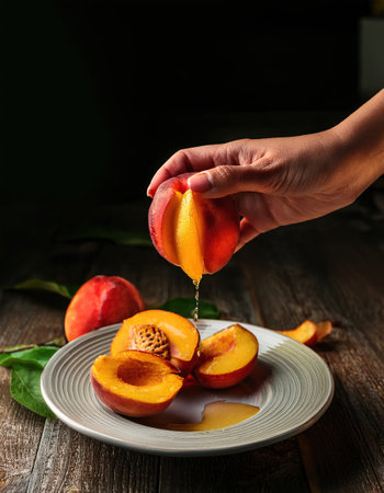 Hand gently squeezes a bright peach, releasing golden juice onto a plate in warm summer light.の素材