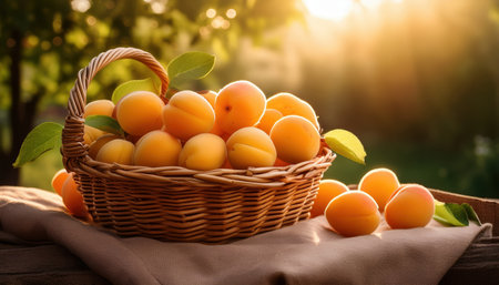 A wicker basket overflows with ripe apricots, illuminated by golden summer rays under leafy trees.の素材