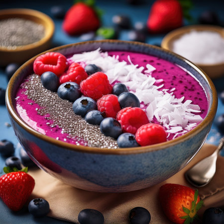 Delight in a bowl of fresh smoothie topped with vibrant berries and nutty chia seeds on a sunny dayの素材