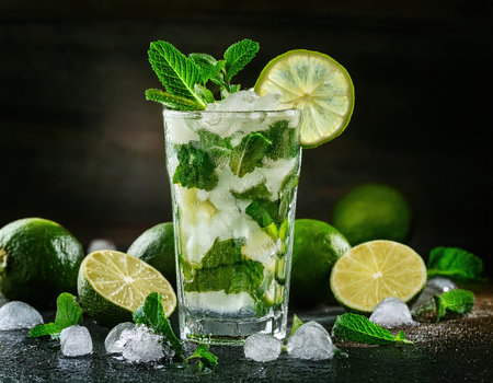 Cool drink garnished with mint leaves and lime slices, radiating freshness and inviting delight.の素材