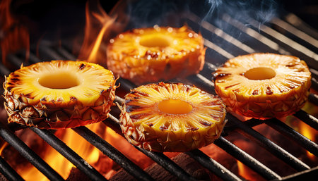 Grilled golden pineapple slices caramelize, boosting their sweetness for summer delight.の素材