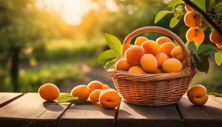 A basket of golden apricots rests on a wooden surface, glowing in warm sunlight.の素材