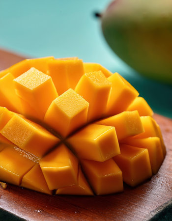 Vivid mango slices arranged beautifully, capturing seasonal essence and freshness in each bite.の素材