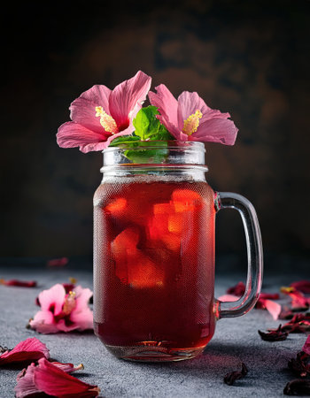Refreshing drink with pink hibiscus and mint, perfect for summer gatherings.の素材