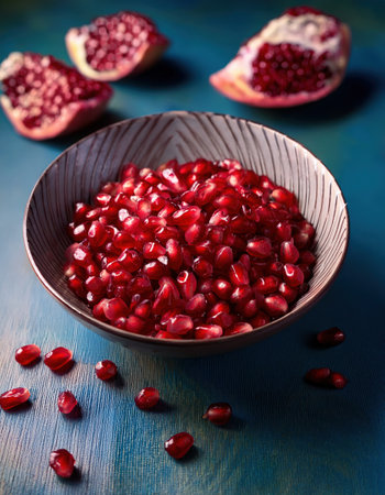 Vibrant pomegranate seeds in a bowl, capturing the essence of summer fruits.の素材