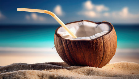 A vibrant coconut sits on soft sand, inviting beachgoers to savor its fresh taste under the sun.の素材