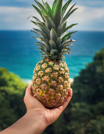 A hand presents a fresh pineapple, with a beautiful ocean view and greenery in the background.の素材
