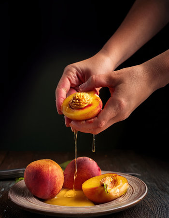 Fresh peach juice drips as hands slice through ripe fruit in a cozy kitchen setting.の素材