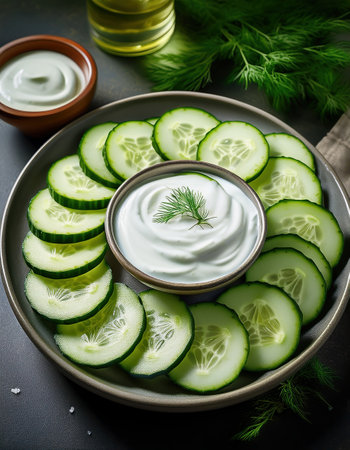 Crisp cucumber slices surround creamy yogurt dip, bringing summer vibes and fresh flavors.の素材