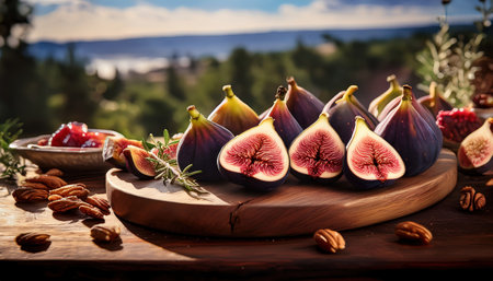 Fresh figs, juicy inside, paired with nuts and preserves, bask in bright summer sunlight.の素材