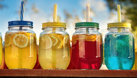 Colorful jars of fruity drinks sparkle in the summer sun, inviting refreshment and joy.の素材