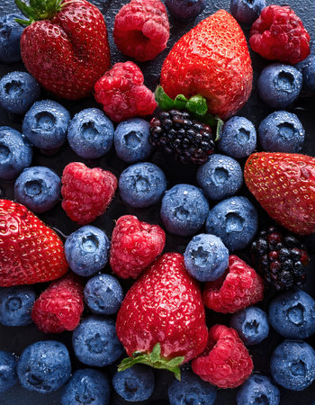 A colorful collection of vibrant summer berries showcases their freshness and juiciness.の素材