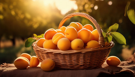 Gathering freshly picked apricots in a rustic basket under the warm summer sun evokes delight.の素材