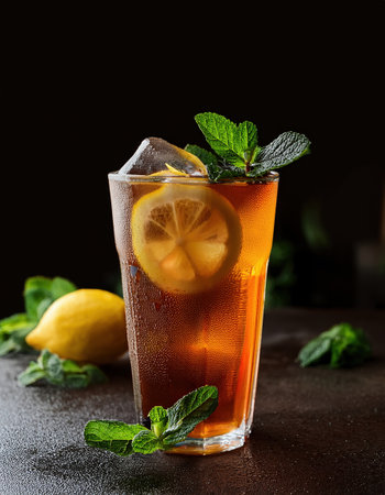 Tall glass filled with iced tea adorned with fresh lemon and mint, perfect for hot summer days.の素材