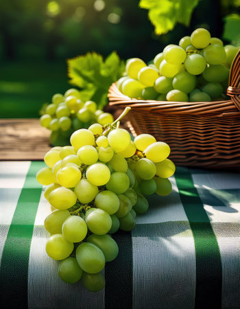 Clusters of fresh green grapes lie on a table, glistening in the warm summer light beside a basket.の素材