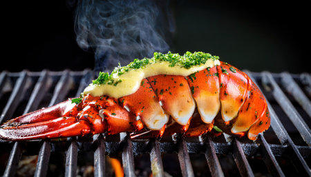Lobster tail sizzles on the grill, drizzled with herb butter, bringing summer vibes.の素材