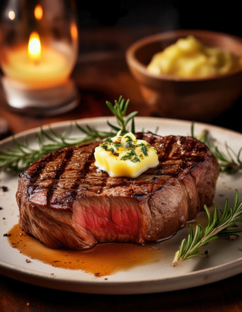 Enjoying a grilled steak with herb butter on a rustic table, surrounded by rosemary.の素材
