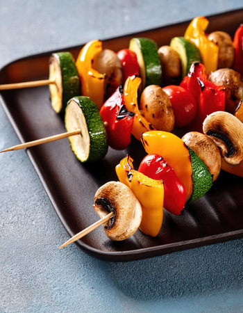 Colorful skewers of fresh peppers, zucchini, and mushrooms ready for summer grilling delightsの素材