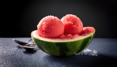 Enjoy vibrant watermelon bowls topped with icy sorbet, a perfect summer treatの素材