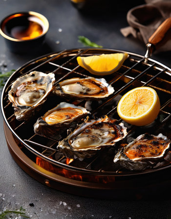 Delicious grilled oysters served with lemon slices for a vibrant summer feast enjoyed outdoorsの素材