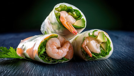Fresh summer rolls with shrimp, veggies, and herbs make a delicious and healthy dish.の素材