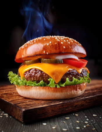 Juicy burger topped with cheese, lettuce, pickles, and tomatoes, perfect for summerの素材