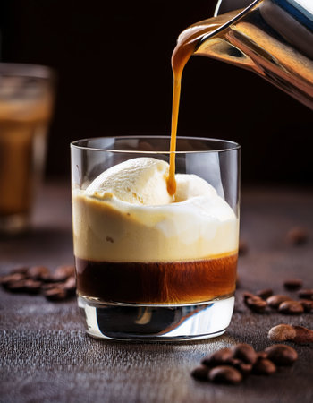 A vibrant drink topped with creamy foam and rich espresso, perfect for summerの素材
