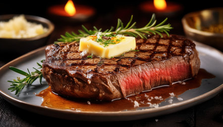 Savor a vibrant summer dish a juicy steak topped with butter and herbs.の素材