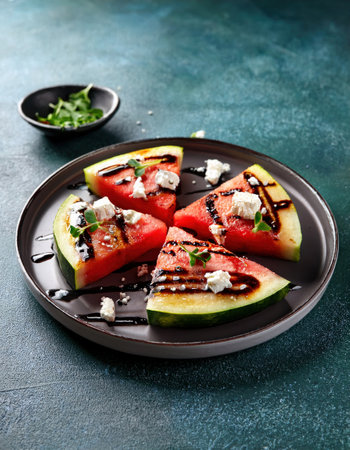 Vibrant wedges of watermelon topped with feta cheese and balsamic glaze on a dark plate.の素材