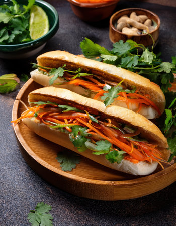 Two vibrant veggie sandwiches await on a wooden plate, ready to enjoy.の素材