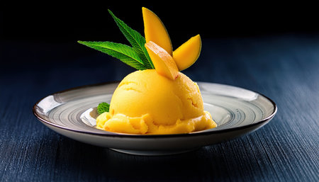 Close up view of a refreshing mango sorbet served with mint leaves, perfect for summer enjoyment.の素材