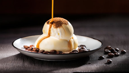 A scoop of creamy ice cream with caramel drizzle and coffee beans, ideal for summer.の素材