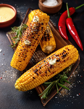 Grilled corn on the cob with butter, herbs, and spices, ideal for summer gatheringsの素材