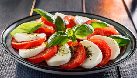 Bright colors shine in a summer salad with juicy tomatoes, creamy mozzarella, and basil.の素材