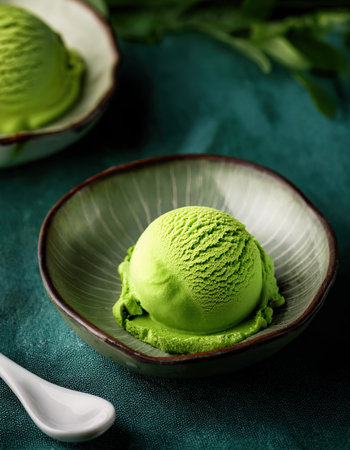 Rich matcha ice cream nestled in a decorative bowl highlights the essence of fresh summer treats.の素材