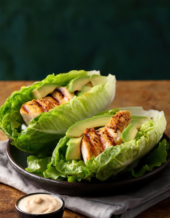 Grilled chicken strips in lettuce topped with fresh avocado slices, ideal for summerの素材
