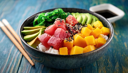 A colorful bowl of fresh fish, fruits, and veggies, ideal for summer delight.の素材