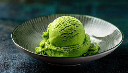 Bright green matcha ice cream sits in a modern bowl, gleaming under the summer sun.の素材