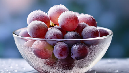 A sparkling bowl of fresh grapes with water droplets shows summers vibrant produce.の素材