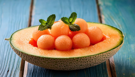 Colorful cantaloupe balls in fresh melon, garnished with mint for summer delight.の素材