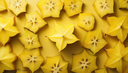 Colorful arrangement of sliced starfruit radiates freshness, celebrating the joy of summer produce.の素材