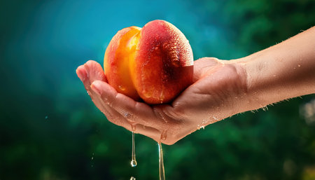 A hand holds a ripe peach, water droplets glistening as sunlight accents its vibrant colors.の素材