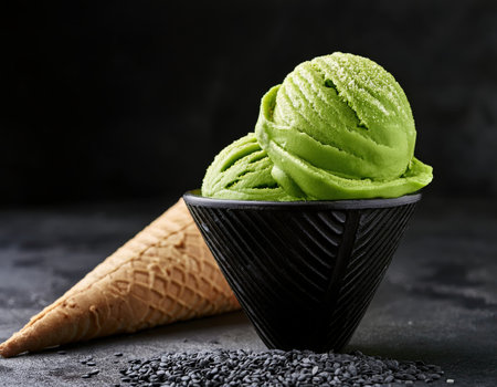 Delicious green ice cream served in a unique bowl alongside a cone, perfect for summer enjoyment.の素材