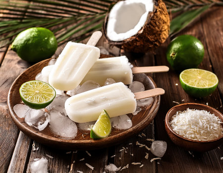 Delight in creamy coconut and zesty lime popsicles served on ice, perfect for summer enjoyment.の素材