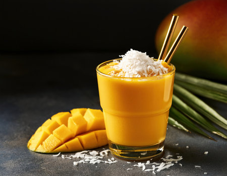 Enjoying a vibrant mango smoothie topped with coconut during a sunny summer day.の素材