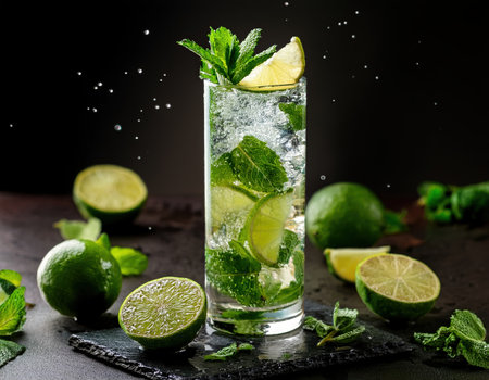 A vibrant mint and lime drink shines in a glass, celebrating the joy of summer flavors.の素材